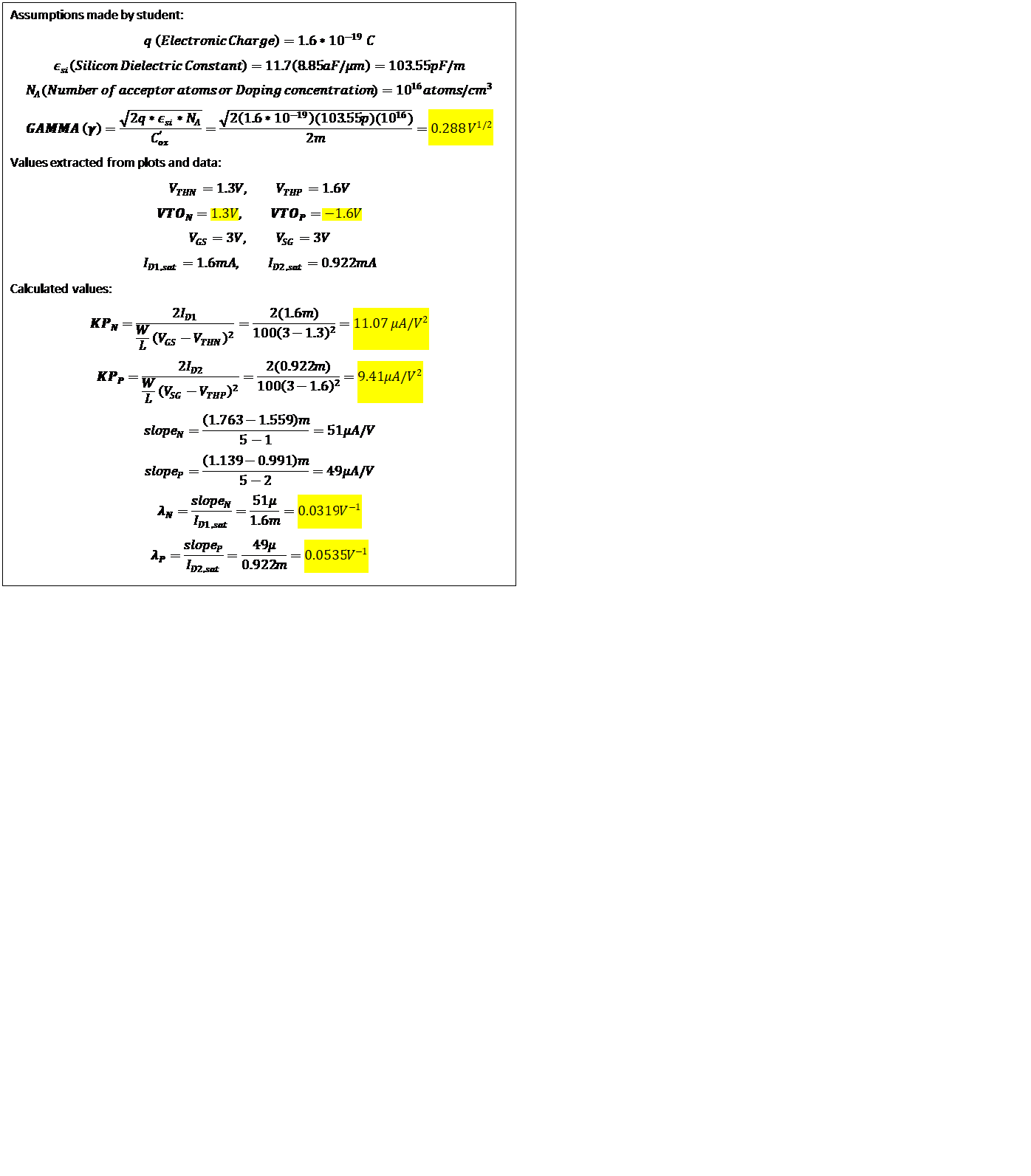 Text Box: Assumptions made by student:
q (Electronic Charge)=1.6*〖10〗^(-19)  C
ϵ_si (Silicon Dielectric Constant)=11.7(8.85aF/μm)=103.55pF/m
N_A (Number of acceptor atoms or Doping concentration)=〖10〗^16 atoms/cm^3
GAMMA (γ)=√(2q*ϵ_si 〖*N〗_A )/(C_ox^' )=√(2(1.6*〖10〗^(-19) )(103.55p)(〖10〗^16))/2m=〖0.288 V〗^(1/2)
Values extracted from plots and data:
V_THN=1.3V,          V_THP=1.6V
〖VTO〗_N=1.3V,          〖VTO〗_P=-1.6V
V_GS=3V,          V_SG=3V
I_(D1,sat)=1.6mA,          I_(D2,sat)=0.922mA
Calculated values:
KP_N=(2I_D1)/(W/L (V_GS-V_THN )^2 )=(2(1.6m))/(100(3-1.3)^2 )=11.07 μA/V^2
KP_P=(2I_D2)/(W/L (V_SG-V_THP )^2 )=(2(0.922m))/(100(3-1.6)^2 )=9.41μA/V^2
slope_N=(1.763-1.559)m/(5-1)=51μA/V
slope_P=(1.139-0.991)m/(5-2)=49μA/V
λ_N=(slope_N)/I_(D1,sat) =51μ/1.6m=0.0319V^(-1)
λ_P=(slope_P)/I_(D2,sat) =49μ/0.922m=0.0535V^(-1)
