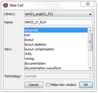 Schematic cell for NMOS creation