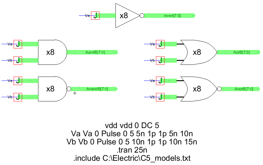 Simulation schematic containing all new 8-bit gates