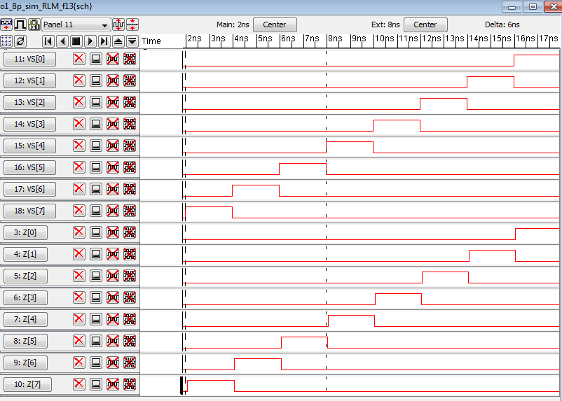 IRSIM simulation of 8-bit multiplexer