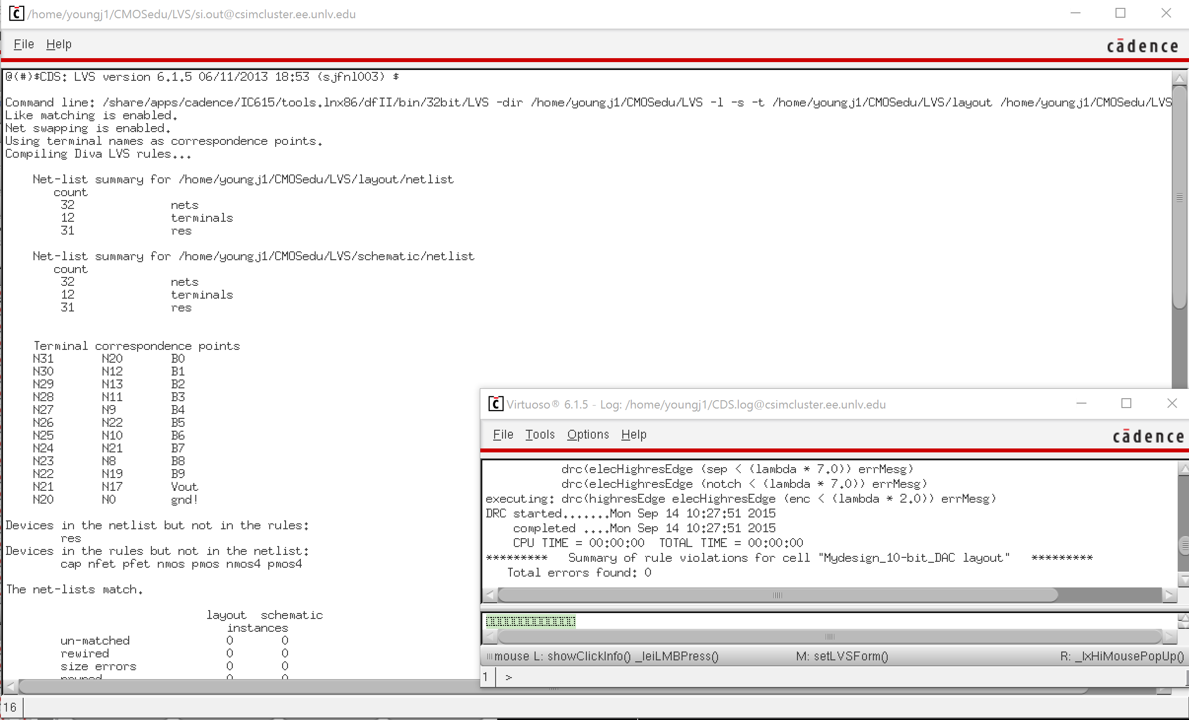 Shows DRC and LVS of 10-bit DAC