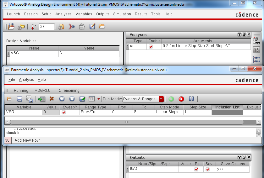 PMOS Simulation Setup Window