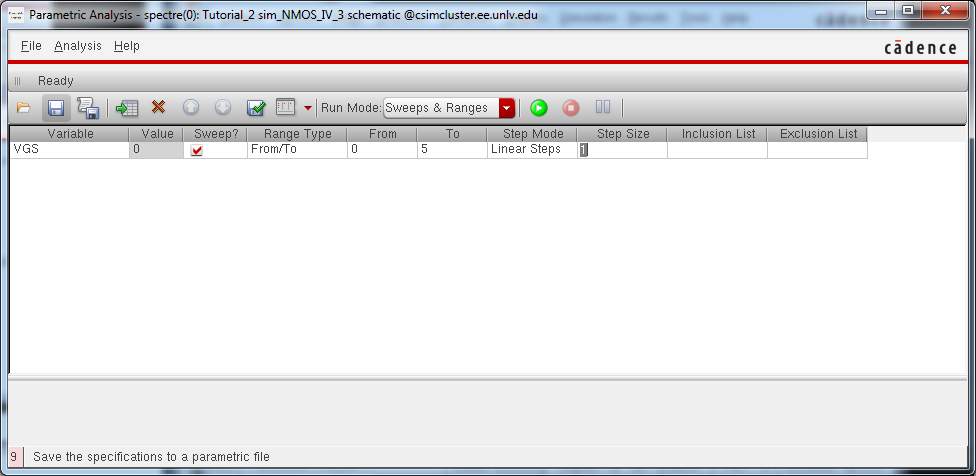 Parasitic Analysis Setup Window